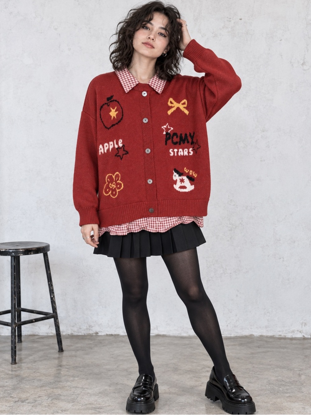 Kawaii Apple Graphic Faux Cardigan Layered Look Streetwear Sweater XL